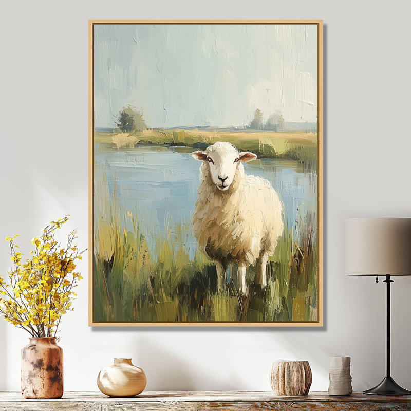 Art mural mural, moutons au bord de l'étang avec brise douce, H 32 po x l 24 po, Reproduction avec cadre flottant