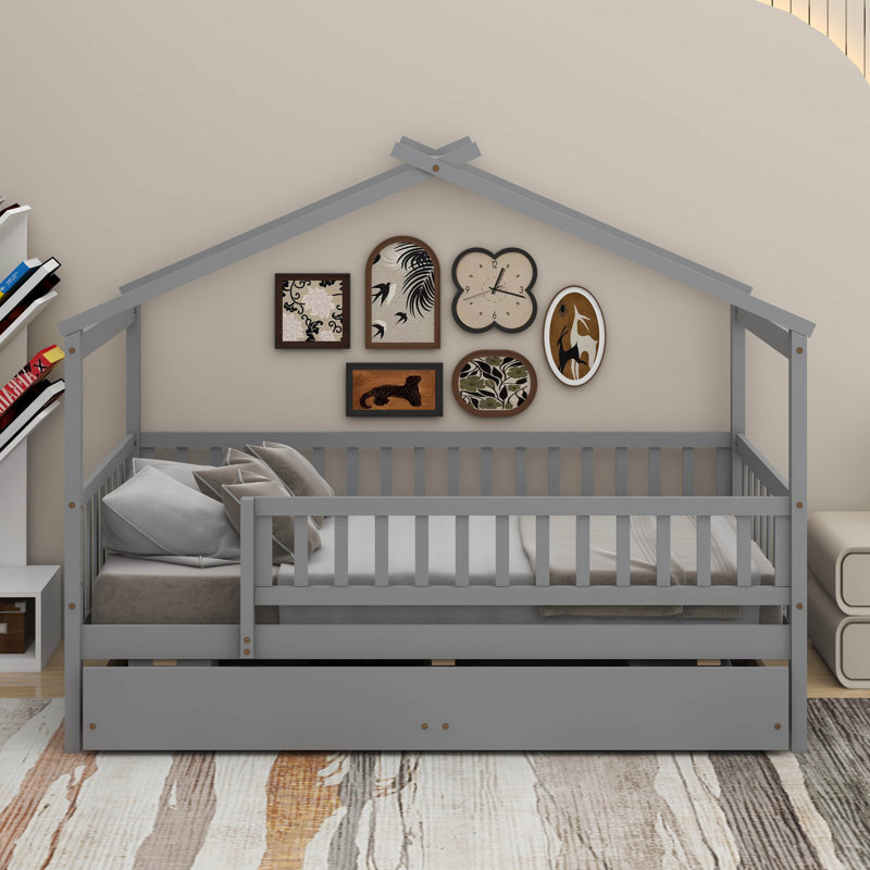 Lit en bois avec deux tiroirs, Gris, Simple