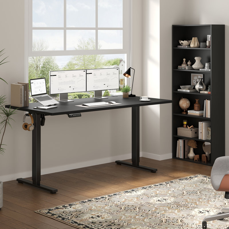 Ensemble de mobilier de bureau à domicile avec bureau assis-debout électrique réglable et bibliothèque, Noir