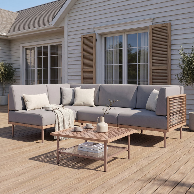 L-Shaped Patio Sectional Set with Cushions, Ensemble modulaire 5 pièces, Grey