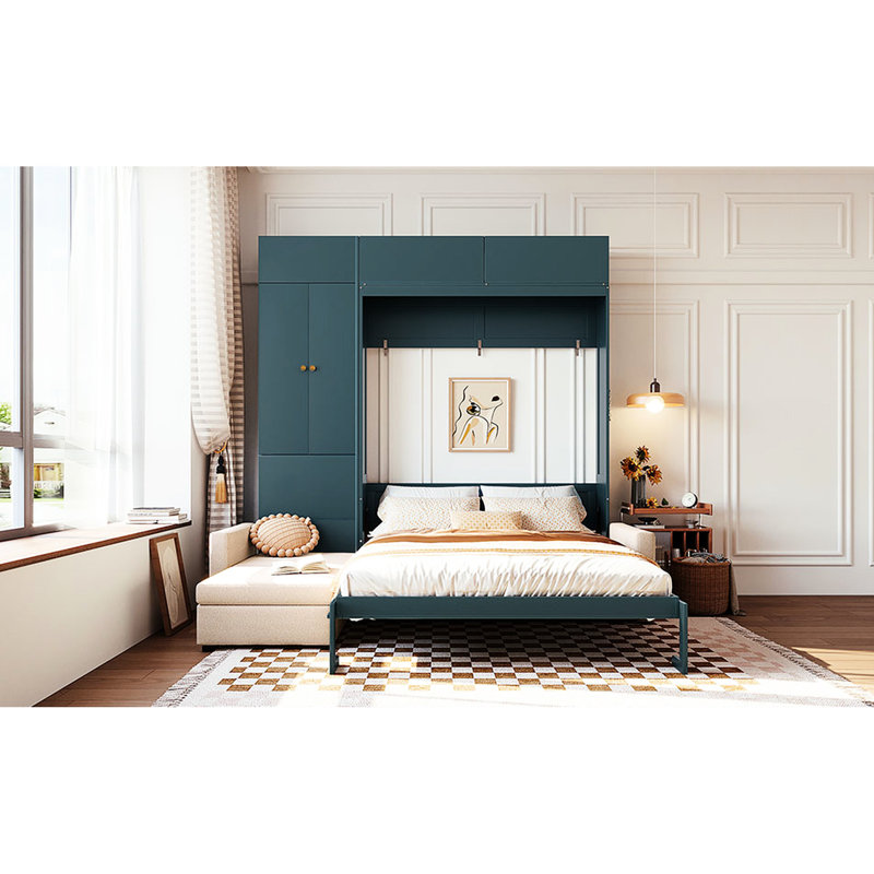 Grand lit mural avec armoires de rangement, panneau, beige, idéal pour un support de matelas confortable, rangement de construction, petits espaces tout-en-un,