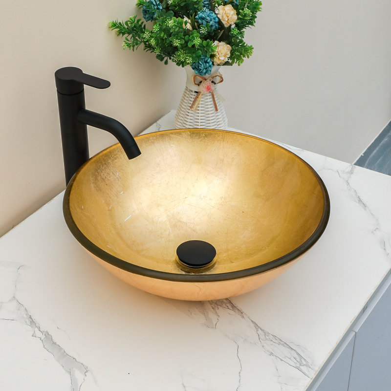 16.5" Circular Glass Bathroom Sink Vessel Sink with Pop-Up Drain and Faucet Combo, Gold