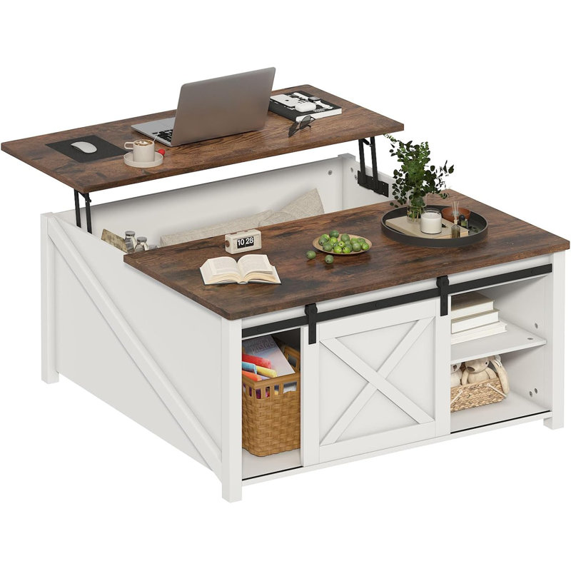 Lift Top Coffee Table with Storage, 31.5" Farmhouse Coffee Table for Living Room, Square Coffee Tables with Large Hidden Storage and Sliding Barn Doors, White