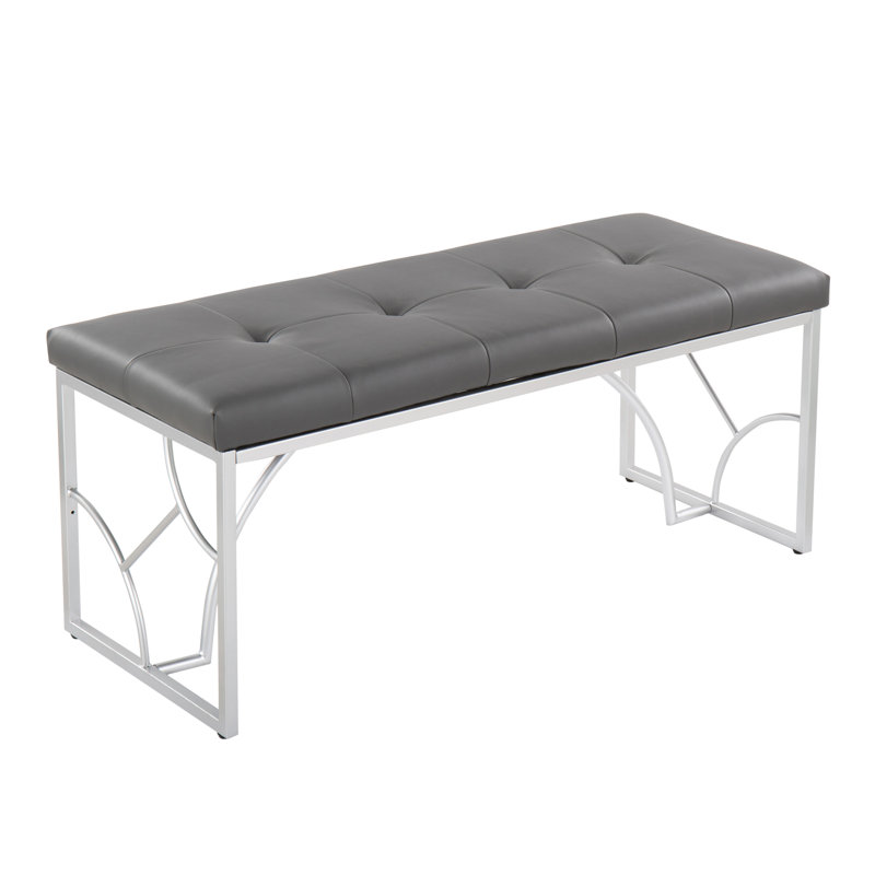 Faux Leather Upholstered Bench, Silver/Grey