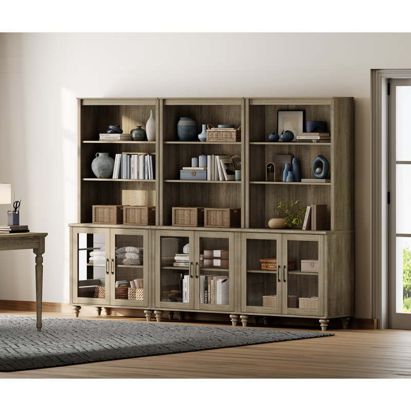 Scarlett 72.1"H X 101.6"W Bookcase With Doors Set Of 3, 5 Tier Bookshelf, Tall Book Case Shelf With Glass Storage Cabinets, Large Wood Bookcases Farmhouse Bookshelves For Living Room Bedroom Home Office Kitchen