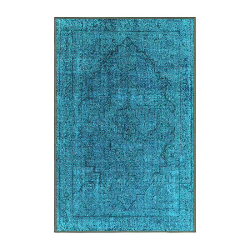 Tapis bleu en chenille tissé à la machine Maka, Rectangle 5 pi x 7 pi