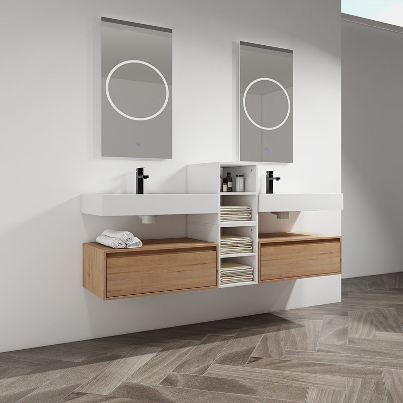 Meuble-lavabo mural 72 po avec lavabo en résine, tiroir à fermeture en douceur et fixation flottante