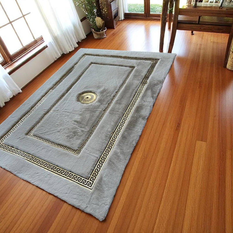 Tapis blanc en fourrure avec cadre_8,83 X 12 pi, Rectangle 8 pi 10 po x 12 pi