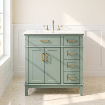Meuble-lavabo simple Wells de 76 cm (30 po) au fini vert forêt avec comptoir en céramique blanche, portes de style Shaker et rangement à fermeture amortie
