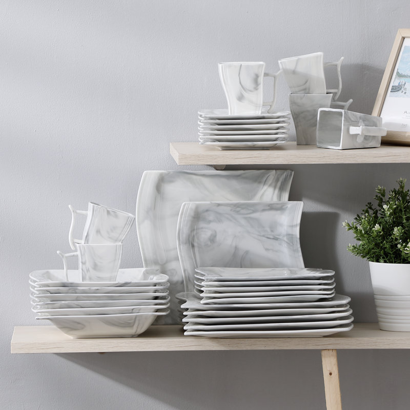Service de table carré en porcelaine 30 pièces, service pour 6, Gris, 30