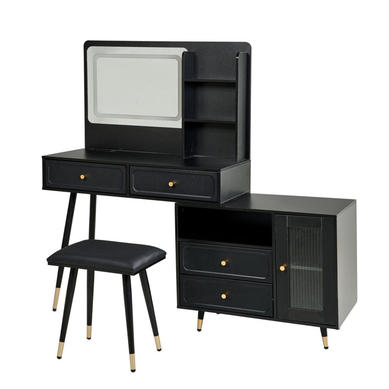 Ensemble de coiffeuse moderne avec miroir et lumières, ensemble de table de maquillage compact, Noir
