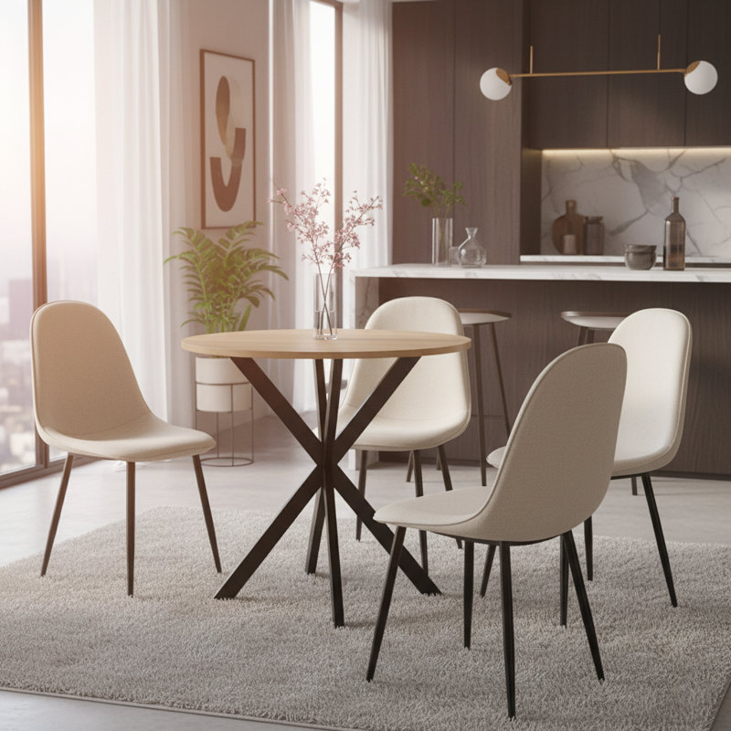 5-Piece Round Dining Table Set For 4, MDF Wood Top With Black Metal Legs And Upholstered Beige Chairs, Modern Kitchen & Dining Room Furniture