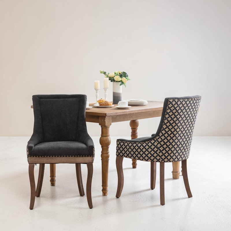 Thickened Fabric Upholstered Wooden Nailhead Dining Chair, Black Star, 2, Brown
