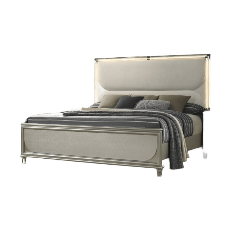 Ensemble de grand lit tapissier en tissu argenté avec tête de lit et table de chevet à DEL