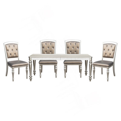 Glamourous Silver Finish Rectangular Dining Table 1Pc Draw Leaf Mirror Trim Apron Dining Room Furniture