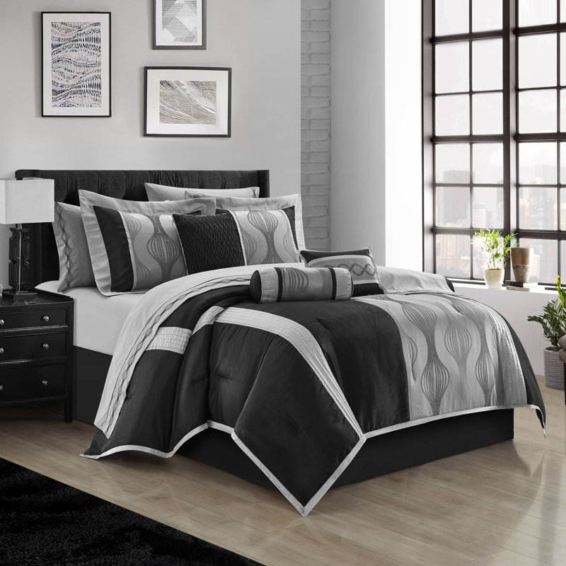 Kath Microfiber Jacquard 15 Piece Comforter Set, Cal. King Comforter + 14 Additional Pieces, Black Silver