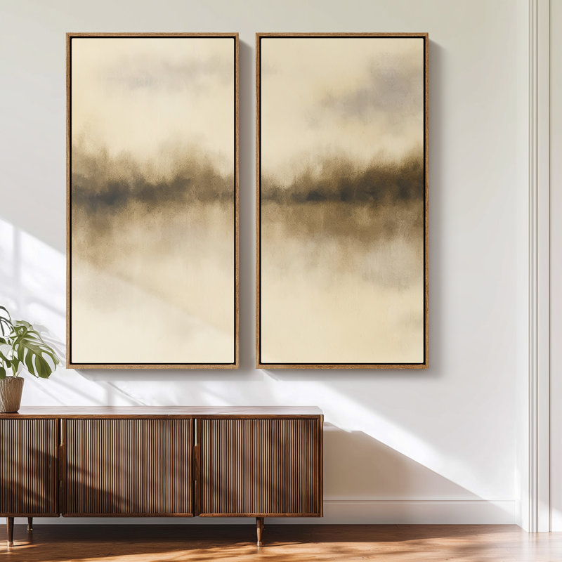 «Minimal Neutral Horizon», art mural abstrait pour chambre à coucher - ensemble de 2, reproduction d'art encadrée sur toile 60 po x 20 po x 2, 60 po x 30 po x 2