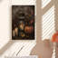 Lampe tempête vintage avec chandelles allumées et citrouille orange, feuilles d'érable d'automne, tableau mural sur toile-135096887