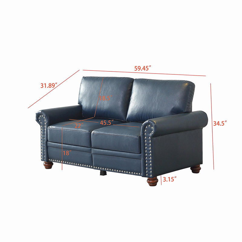Living room sofa single sofa round armrest, navy blue artificial leather sofa with silver nails