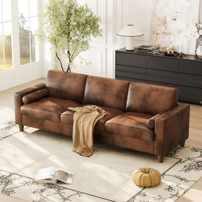Modern 92-inch Faux Leather 3-seater Sofa, Square Armrests With Solid Wood Legs, No Tools Required For Installation