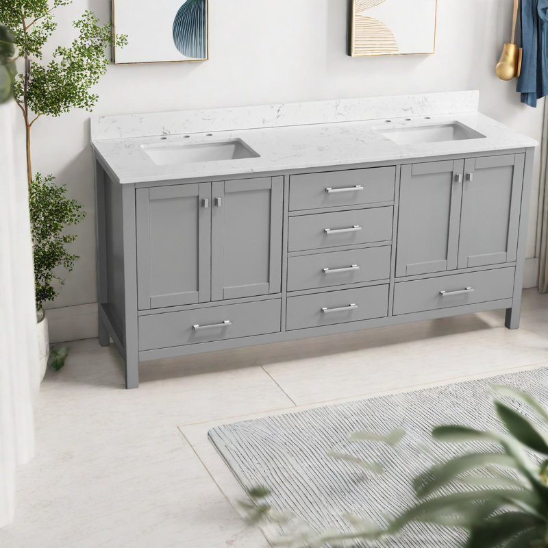 De salle de bain en bois massif avec lavabo double, armoire grise moderne