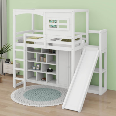 Wood Twin Size House Loft Bed With Wardrobe, Storage Shelves, Slide And LED, Fun Playhouse Design