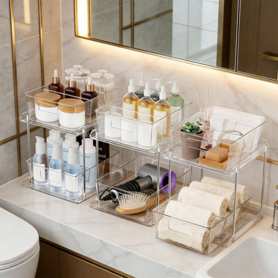 3-Pack 2-Tier Clear Pull Out Home Organizer With Dividers For Cabinet