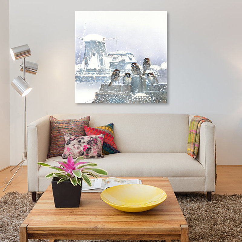 «Birdies and Windmill», impression sur toile, H 18 po x l 18 po x P 1,5 po, Toile tendue, Pas de tapis