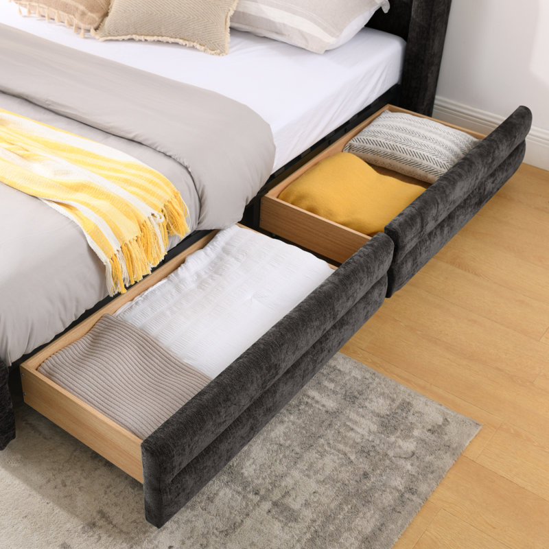 Très grande base de lit tapissier avec tissu épais, cadre de lit rembourré confortable, tissu chenille, avec tête de lit et base de lit solide. Avec tiroir pour rangement - Gris foncé (86,5 po x 84 po x 81 po)