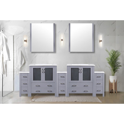Meuble-lavabo double gris foncé de 96 po Largeur, profondeur de 18,25 po, plateau en céramique blanche, miroirs et mécanisme de fermeture en douceur de l x P, mécanisme
