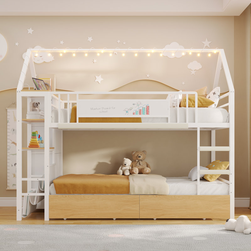 Twin Bed With Large Storage Drawers And Doodle Board, Tree House Bunk Bed Frame With Colorful Light Strips And Usb Charging Ports, Bookshelf, White