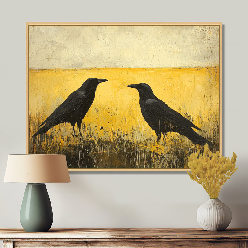2 corbeaux au bord du champ II - oiseau, art mural, H 24 po x l 32 po, Cadre flottant, Crème, crème
