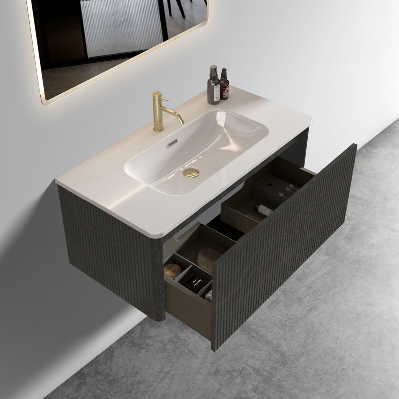 Bathroom Vanity For Modern Bath - 36" With Striped Brushed Black Oak, White Ceramic Sink Pre-Assembled Sink, Seamless Integration