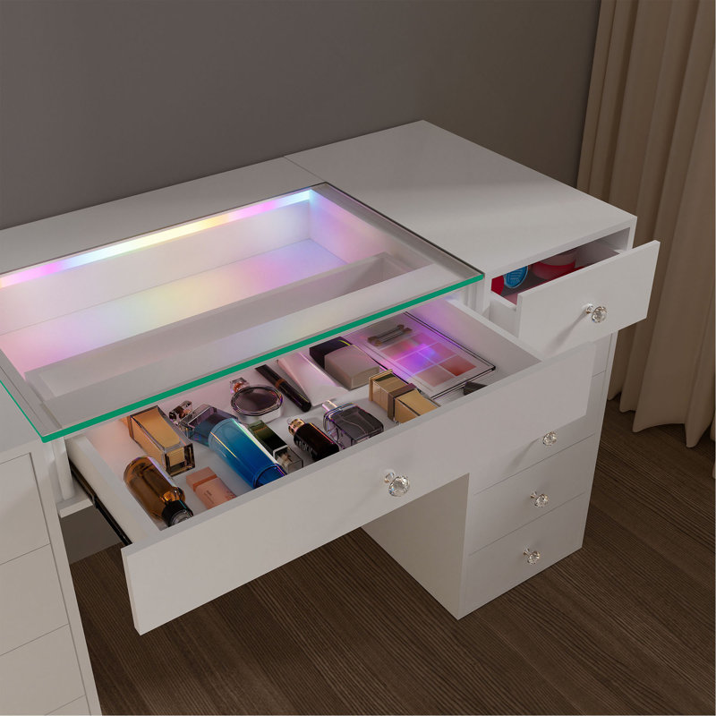51.2" Vanity Desk With RGB LED Light Strip, Modern Glass Top Makeup Vanity With 11 Drawers, Large Dressing Table With 6 Color Lighting Modes For Bedroom