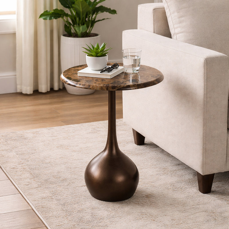 Ernstfried Modern Round Marble Top Accent Table for Bedroom - Sleek Small Side Table with Sculptural Ball Base for Living Room, Narrow End Table Design - 21", Brown