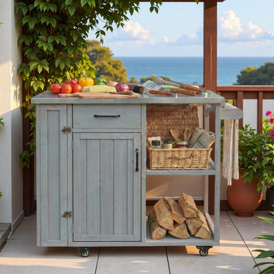 Outdoor Kitchen Island With Stainless Top, Towel, Spice Racks, Cabinet, Open Storage Space And Drawer