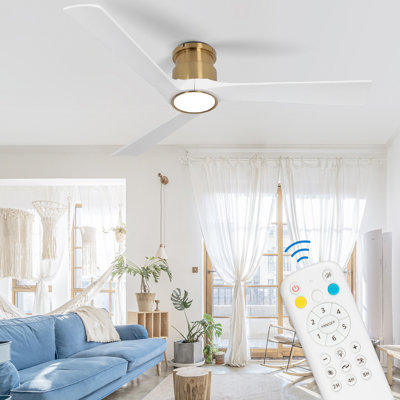 Ventilateur de plafond encastré à courant continu de 52 pouces avec lumières et télécommande, avec 3 pales réversibles, moteur à courant continu ultra silencieux à 6 vitesses, ventilateur de plafond intérieur à profil bas Hugger, laiton