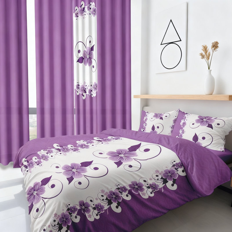 King Size Comforter Set 9 Pieces, All Season Luxury Bed in a Bag for Bedroom, With Matching Curtains, Soft Microfiber, Purple Gardenia Flower