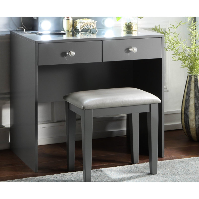 10 Lights Gray Bedroom Makeup Vanity, Port, Power Outlet, 2 Drawers, Glamorous Appeal Vanity For Bedroom, Lights, Luxury Look