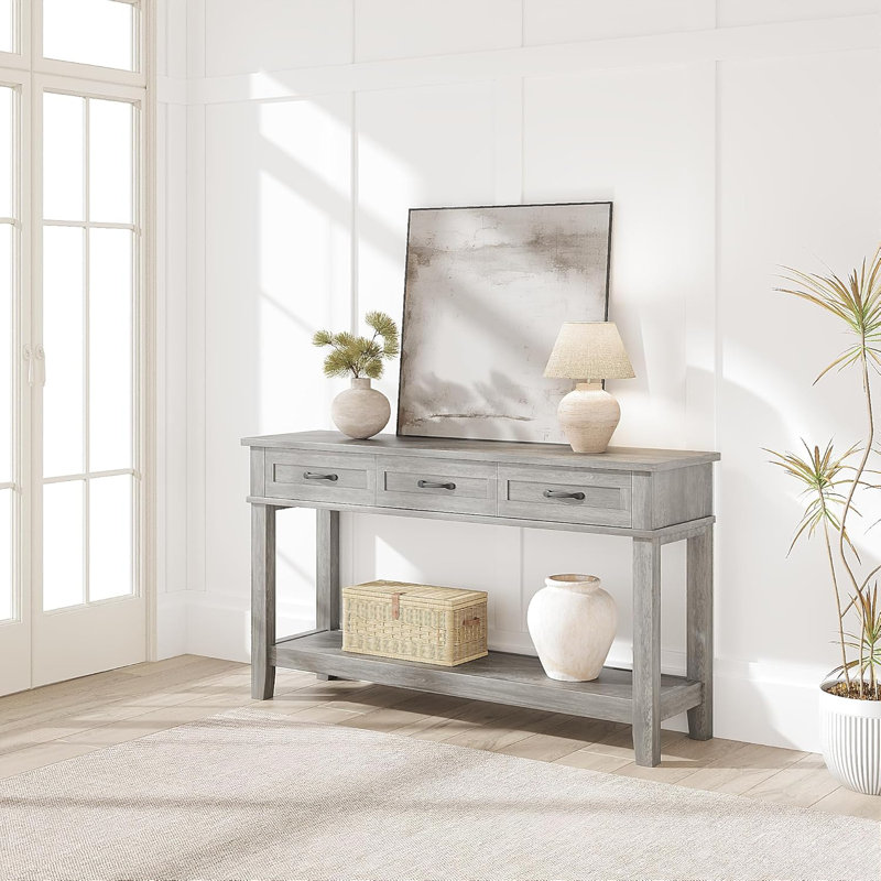 Console Table with 3 Drawers & Open Storage Shelf, 2-Tier Farmhouse Wooden Couch Table Behind Sofa, for Entryway, Living Room, Hallway & Foyer