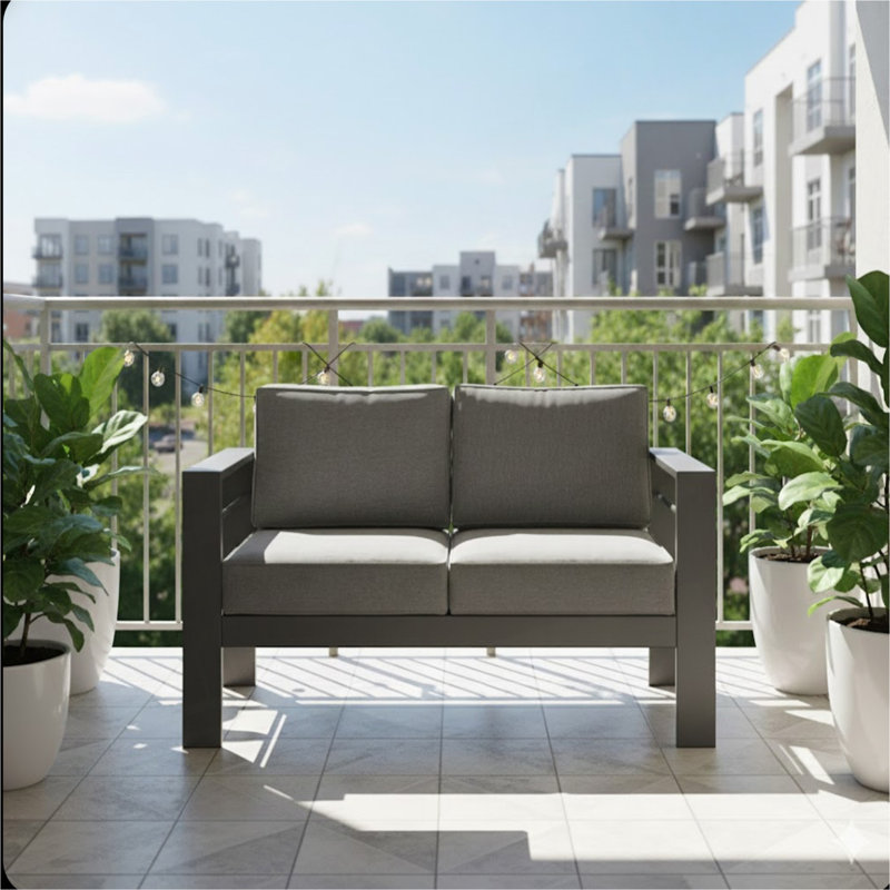 Causeuse de terrasse 52 po toutes saisons en métal avec coussins et structure épais, Coussin gris / cadre gris