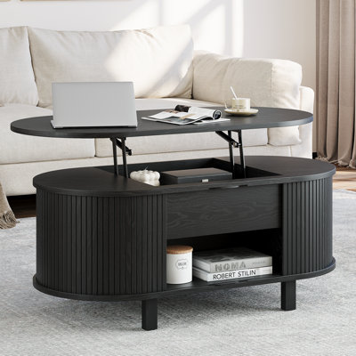 43.3'' W Oval Lift Top Coffee Table With Hidden Storage, Fluted Wood Center Table With Storage Compartment And Open Shelf