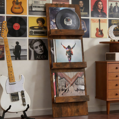 Wall Mount 3-Tier Vinyl Record Holder, 47.5" Tall, For Albums And Magazines, Black by 17 Stories
