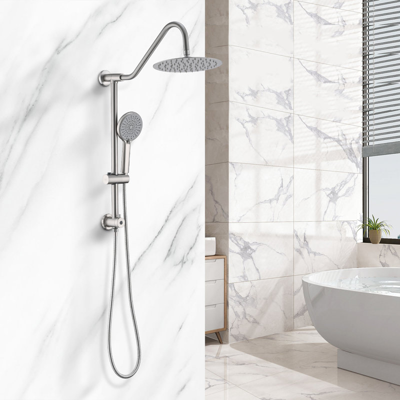 Système de douche avec pomme de douche à effet pluie de 10 po, pomme de douche double réglable à 4 fonctions, Nickel brossé