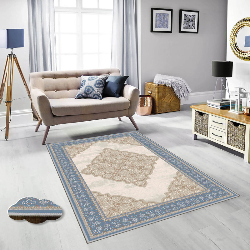 Tapis antibactérien 100% polyester 5,9 x 9,2 pi Luxurious Pois en feutre antidérapant en PVC, d'une hauteur de poils de 0,3 po | Lavable à la machine, impression numérique 3D, parfaite pour le décor du salon et de la chambre à coucher