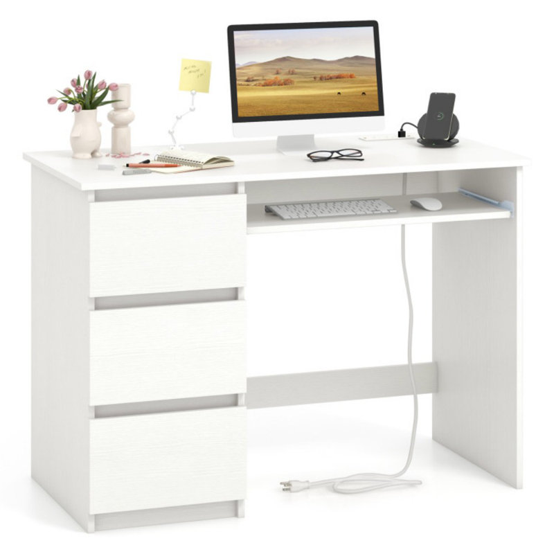 Bureau d'ordinateur avec plateau de prise de courant et 3 grands tiroirs, Blanc