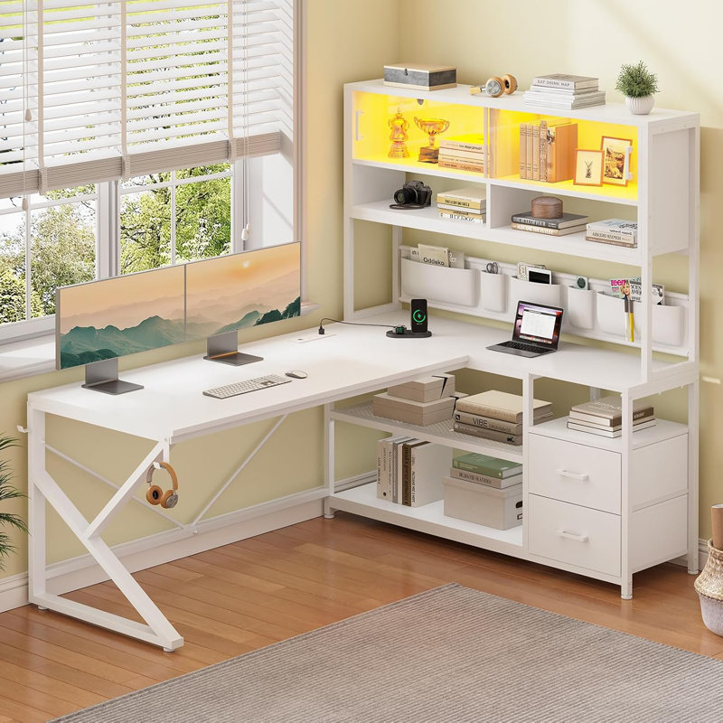 Bureau d'ordinateur en L 59 po avec 2 tiroirs et une bibliothèque, Blanc
