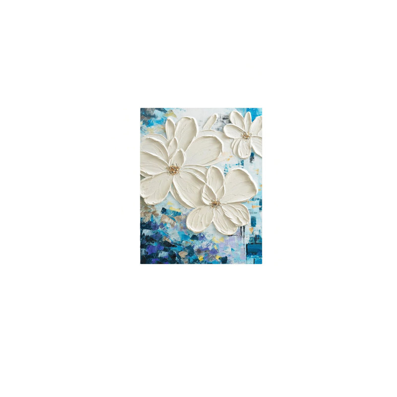 Abstrait floral blanc, 20 x 30 pouces, cadre mural en bois à l'arrière