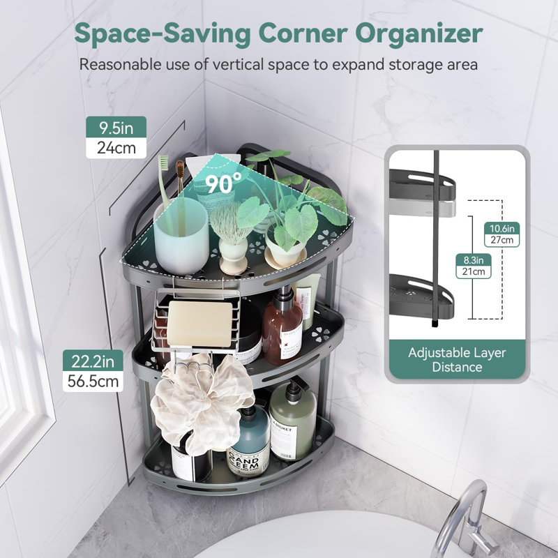 Étagère de rangement à 3 niveaux pour support de douche, étagère de rangement en aluminium antirouille avec porte-savon et crochets pour shampooing et nettoyant pour le corps
