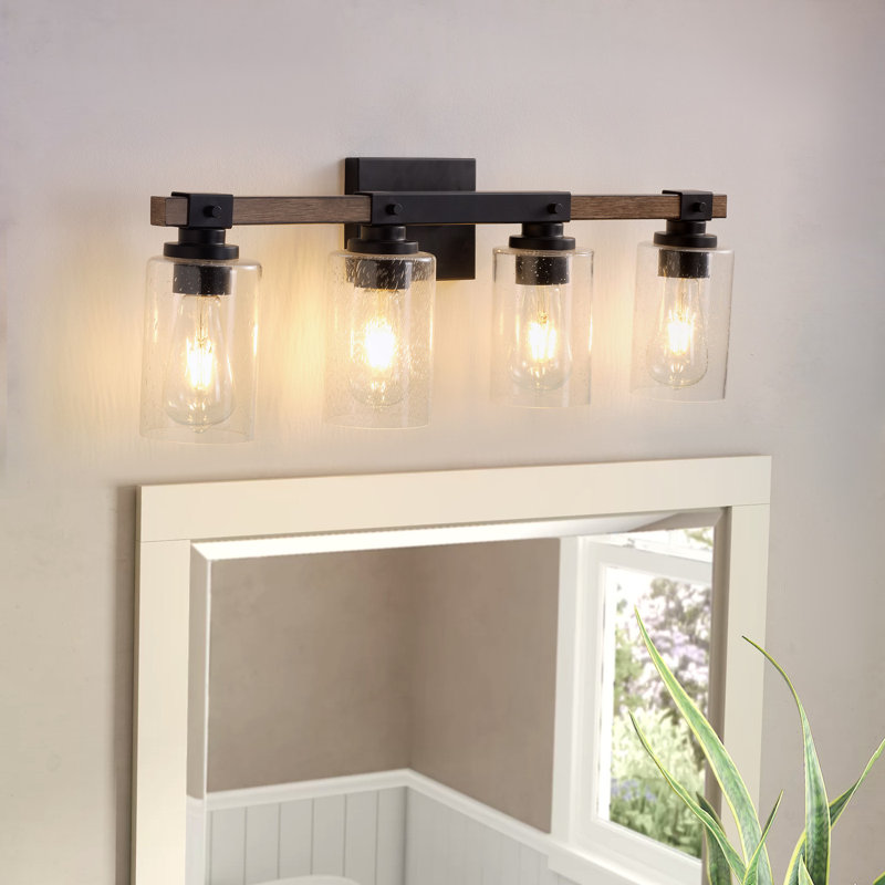 4-Light Bulbs Elegant Wood-Grain Style Bubble Glass Vanity Light